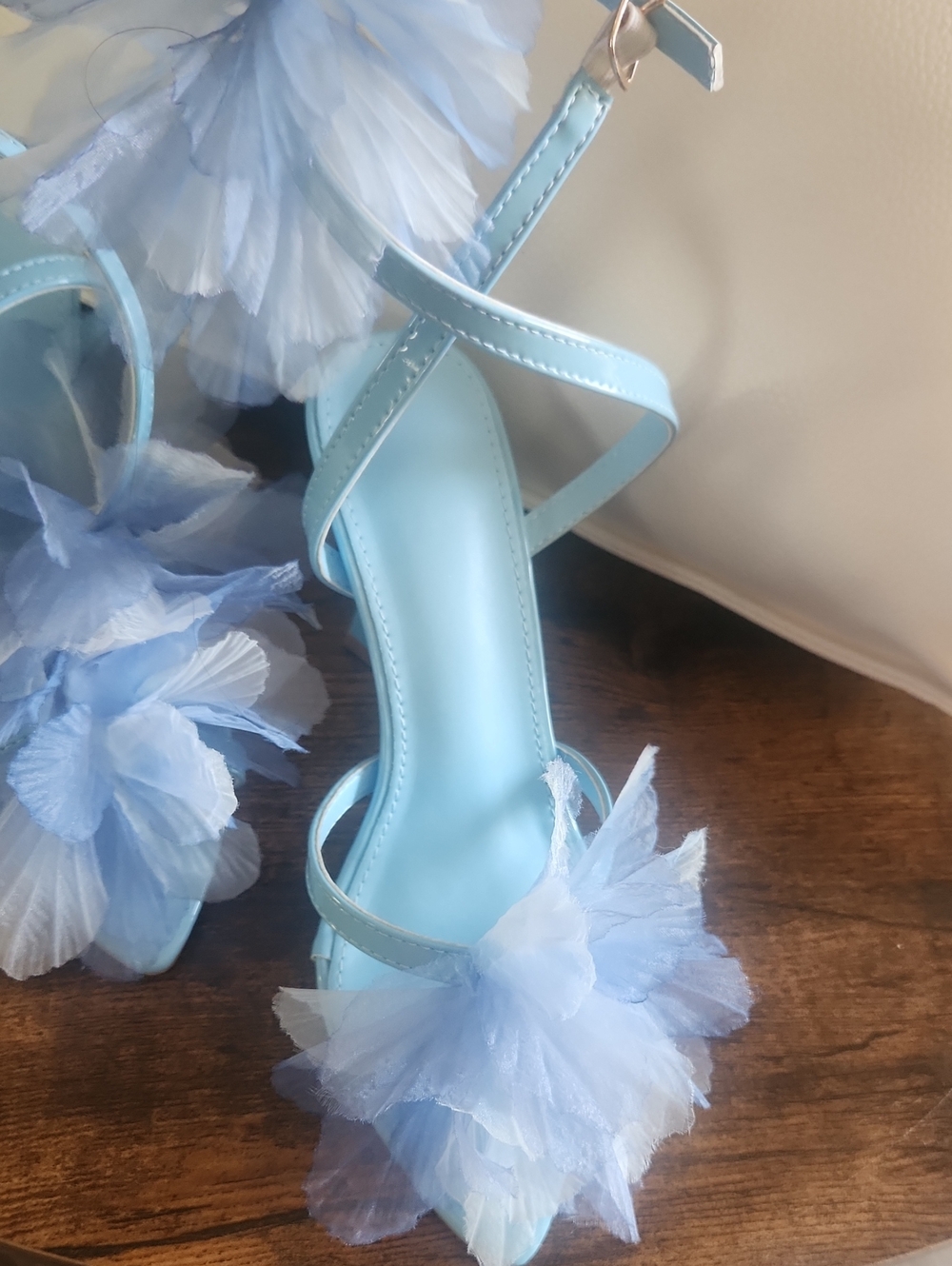 Light Blue Floral Tulle Ankle-Strap Heels